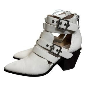 BCBGeneration Dani Pointed Toe Bootie Chunky Heels Size 7 White Buckle Straps